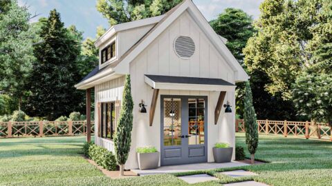 Backyard Bar Cottage Shed With Patio & Loft Covered In Cathedral Ceiling (Floor Plans)