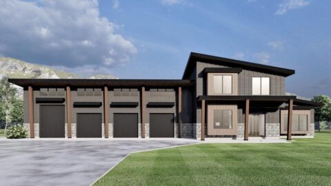 Double-Story, 3-Bedroom Modern Barndominium-Style House with 4-Car Garage and Workshop (Floor Plan)