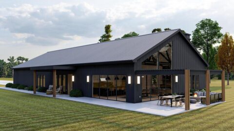 Single-Story, 3-Bedroom Barndominium-Style House With Cathedral Ceiling & Exposed Beams (Floor Plan)