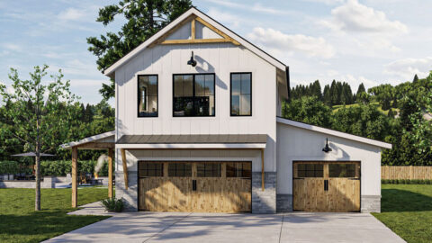 Double-Story American Garage Apartment Home With Barndominium Styling (Floor Plans)