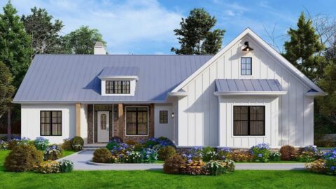 New American-Style Country Farmhouse With Vaulted Rear Covered Porch & 2-Car Garage (Floor Plans)