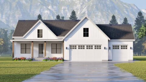 Modern Farmhouse with Home Office and Vaulted Covered Rear Deck (Floor Plan)