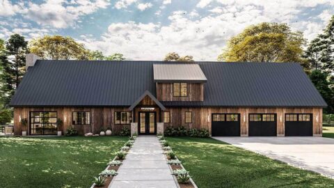 3-Bedroom Rustic Barndominium-Style House with Overhead Doors That Bring the Outside In (Floor Plans...