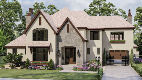 Double-Story, 4-Bedroom French Country House and a Porte Cochere (Floor Plan)