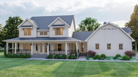 4-Bedroom Modern Farmhouse with Side-Load Barn-Style Garage (Floor Plans)