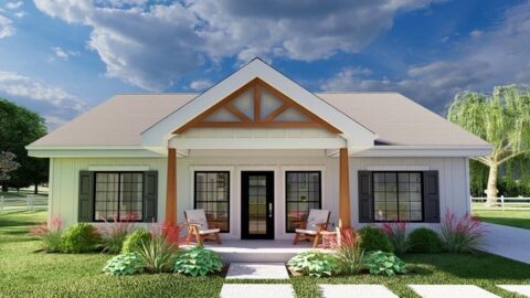 Single-Story, 3-Bedroom New American House with Vaulted Covered Entry Porch (Floor Plans)