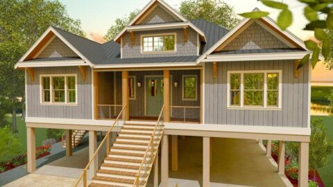Double-Story, 3-Bedroom Country Cottage House on Pilings with Elevator (Floor Plan)