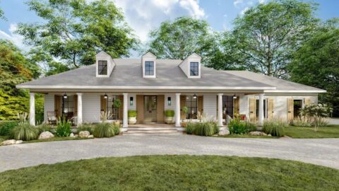 Single-Story, 3-Bedroom Southern Traditional House with 60'-wide Front Porch and a Massive 2-Car Gar...