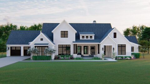Double-Story, 4-Bedroom Modern Farmhouse With Office Room & 2-Car Garage (Floor Plans)