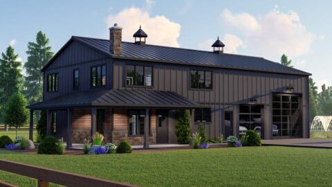 Deluxe Barndominium with 2-Story Living Room (Floor Plans)