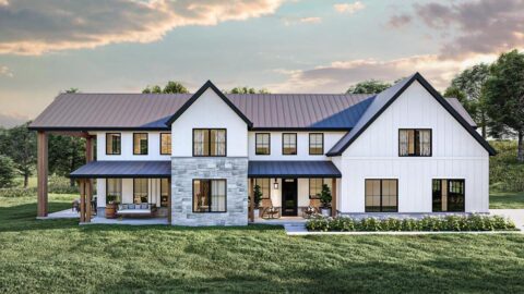 4-Bedroom Barndominium-Style Modern Farmhouse-Style House with Family Room Upstairs (Floor Plans)