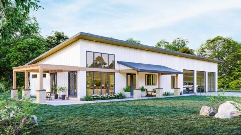 Single-Story, 4-Bedroom Modern-Style Barndominium House Under 2,000 Square Feet (Floor Plans)