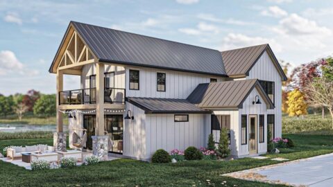 Double-Story, 2-Bedroom Modern Barndominium-Style House with Two-Story Great Room (Floor Plans)