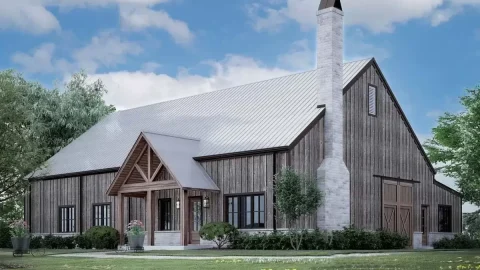 Barndominium Under 2,000 Sq. Ft. with Vaulted Drive-Through Workshop (Floor Plan)