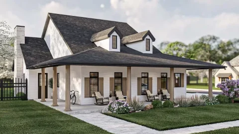 Single-Story, 3-Bedroom Southern-Style House Under 1,700 Sq. Ft. with L-Shaped Front Porch (Floor Pl...