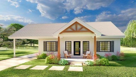 2-Bedroom Country Craftsman House with Carport under 1,100 sq. ft. (Floor Plan)