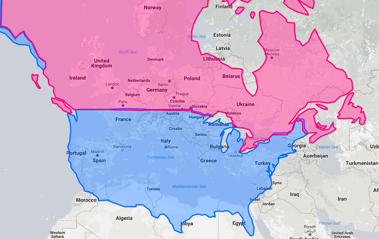 The US and Canada mapped at equivalent European latitudes