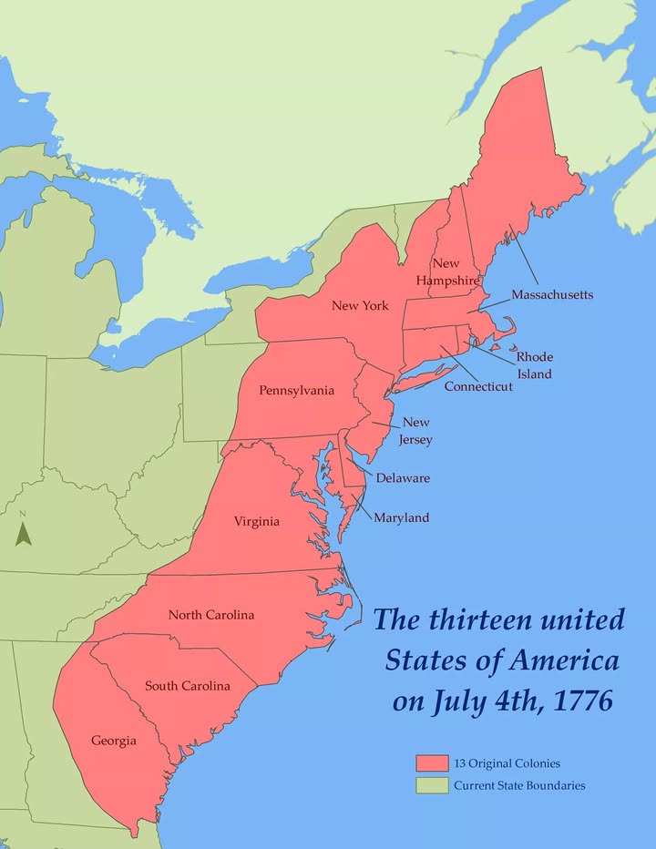 The 13 United States of America on July 4th, 1776